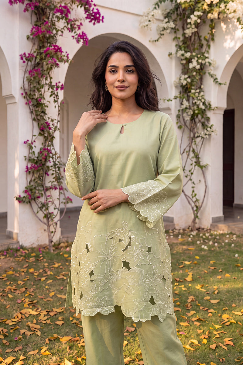 Ahika Green Embellished Silk Blend Round Neck Co-Ords VCORD1143