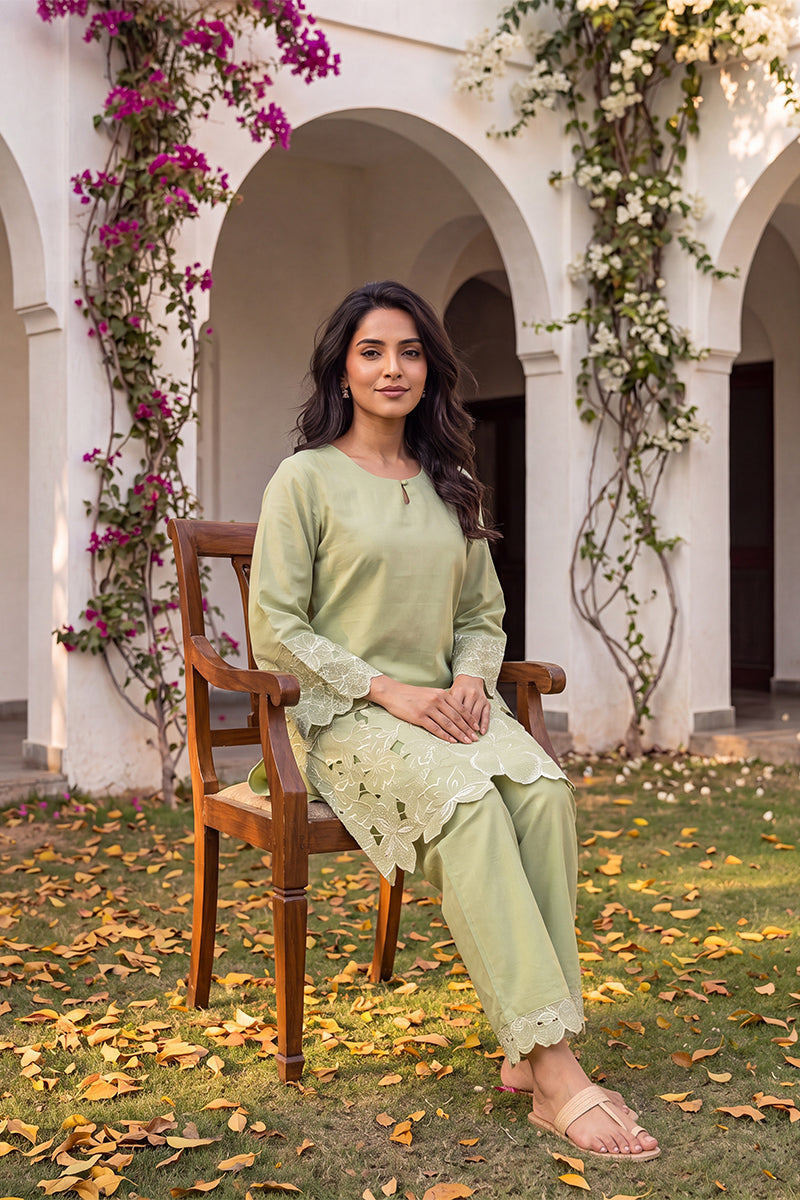 Ahika Green Embellished Silk Blend Round Neck Co-Ords VCORD1143