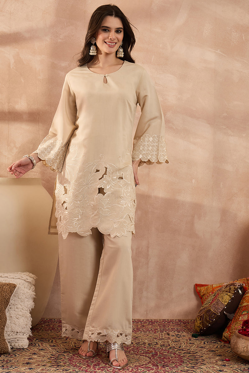 Beige Silk Blend Embroidered Straight Coord Sets VCORD1144