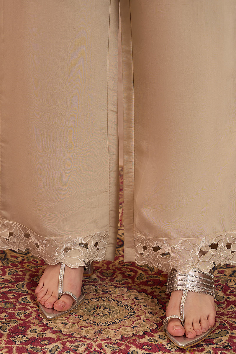 Beige Silk Blend Embroidered Straight Coord Sets VCORD1144