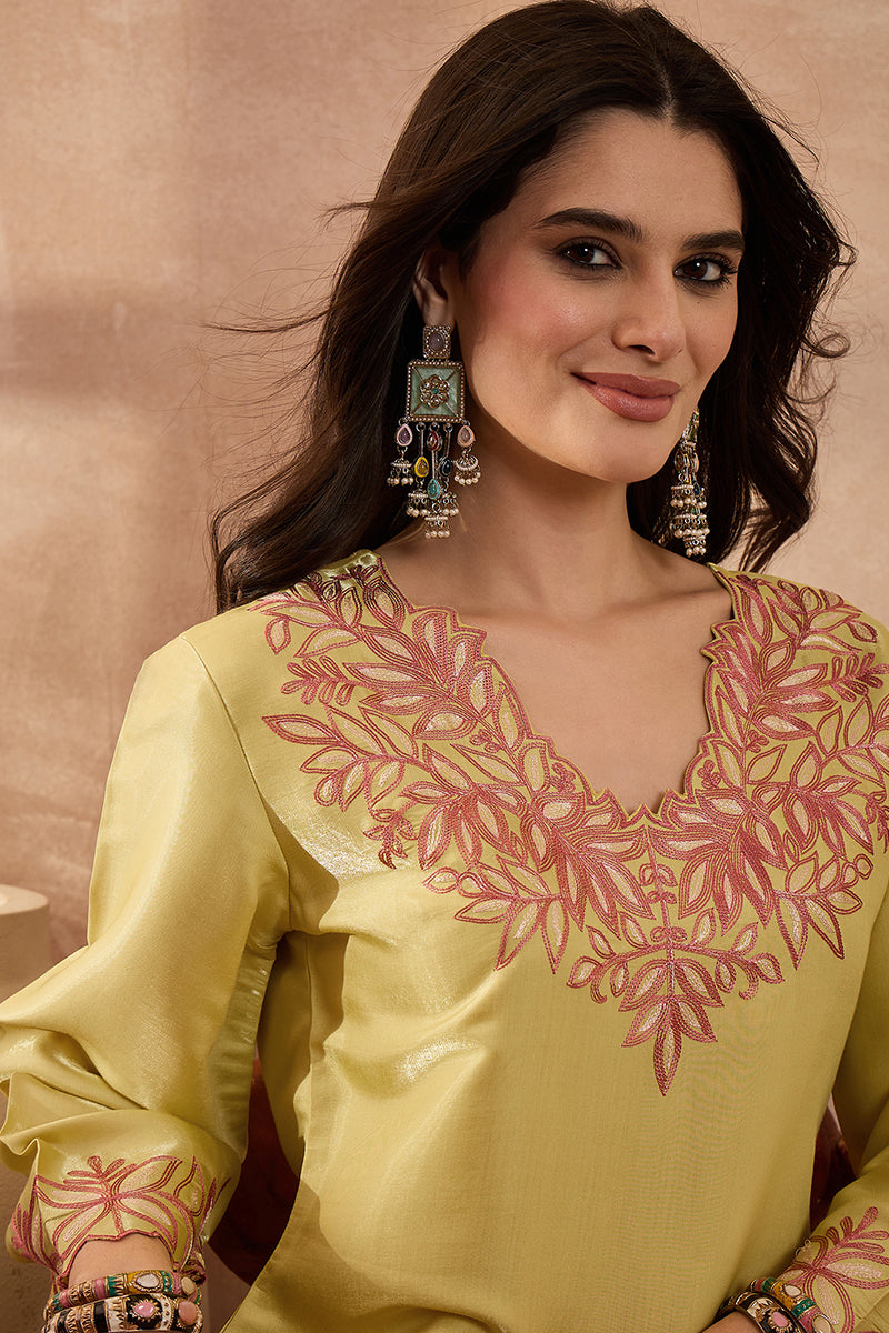Yellow Silk Blend Embroidered Scalloped Coord Sets VCORD1145