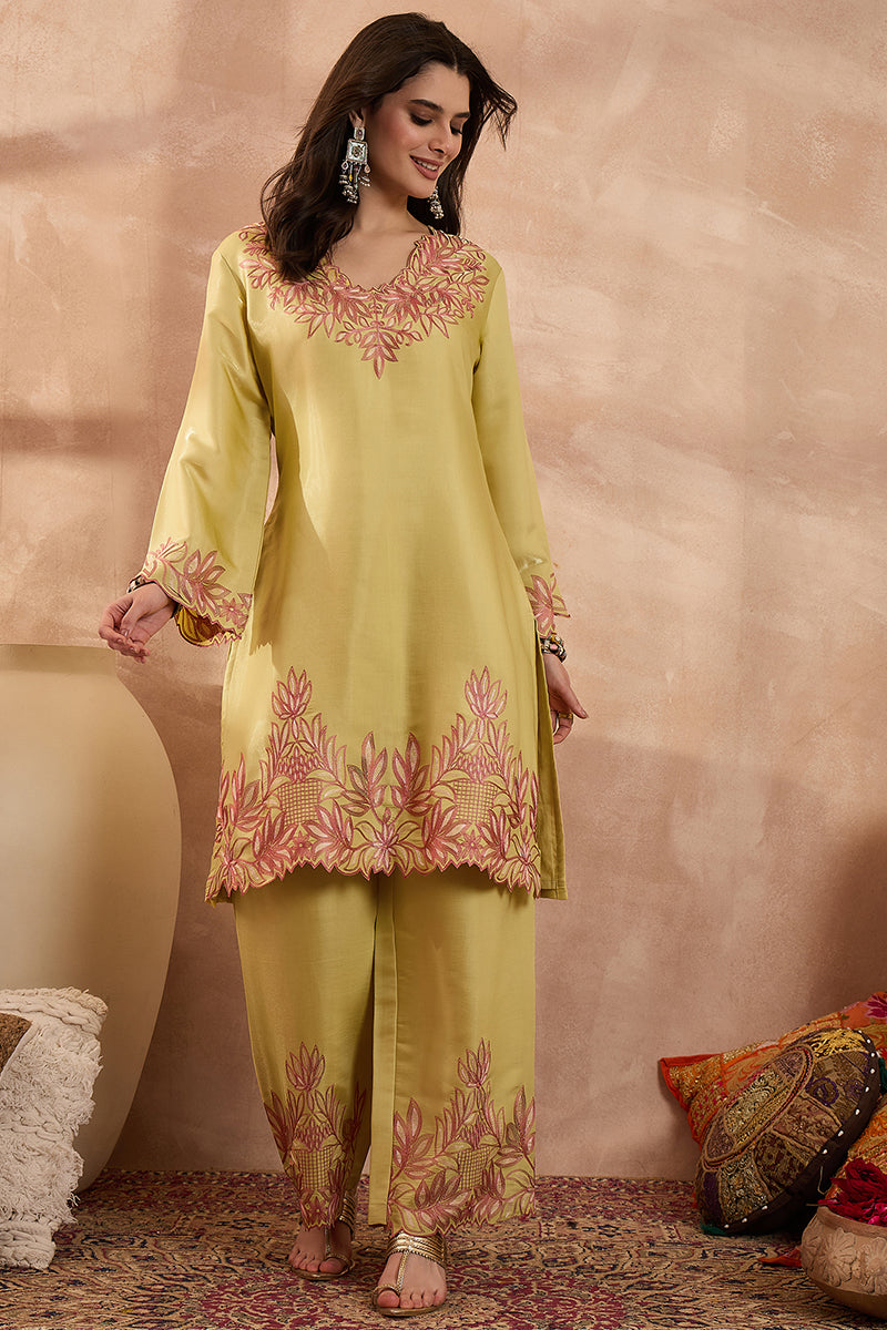 Yellow Silk Blend Embroidered Scalloped Coord Sets VCORD1145