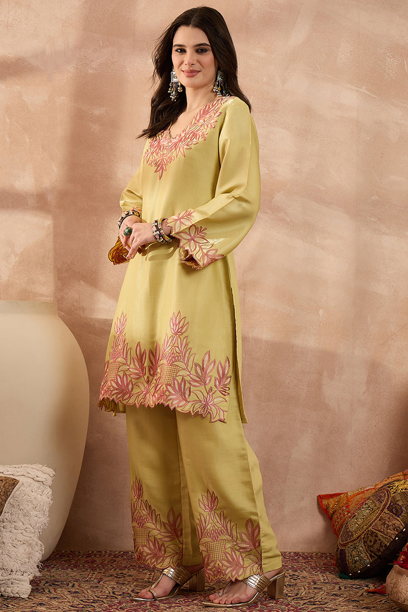 Yellow Silk Blend Embroidered Scalloped Coord Sets VCORD1145