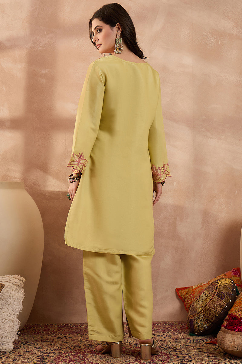 Yellow Silk Blend Embroidered Scalloped Coord Sets VCORD1145