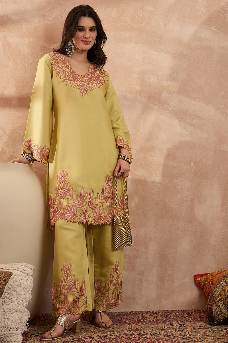 Yellow Silk Blend Embroidered Scalloped Coord Sets VCORD1145