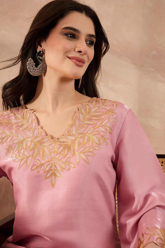 Pink Silk Blend Embroidered Scalloped Coord Sets VCORD1146