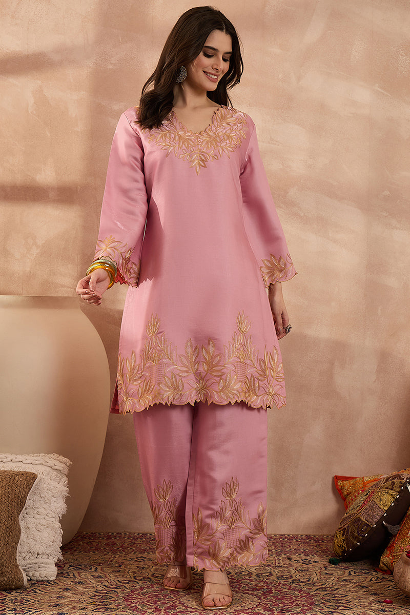 Pink Silk Blend Embroidered Scalloped Coord Sets VCORD1146