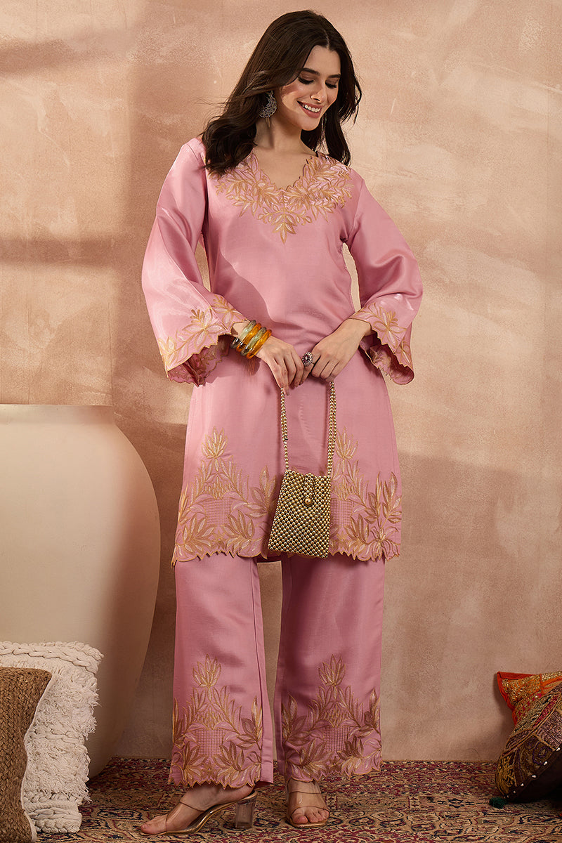 Pink Silk Blend Embroidered Scalloped Coord Sets VCORD1146
