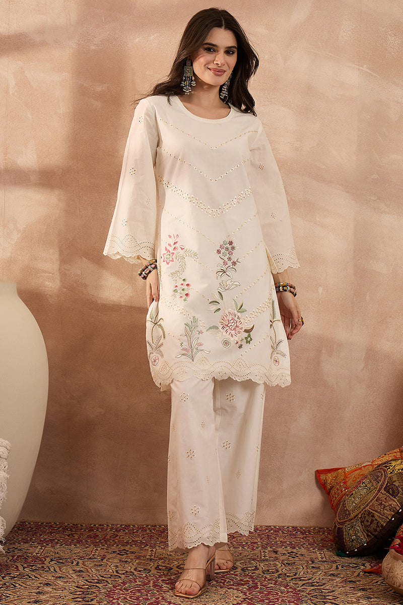 Off White Pure Cotton Embroidered Scalloped Coord Sets VCORD1164