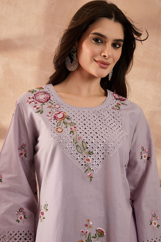 Lavender Pure Cotton Embroidered Straight Coord Sets VCORD1165