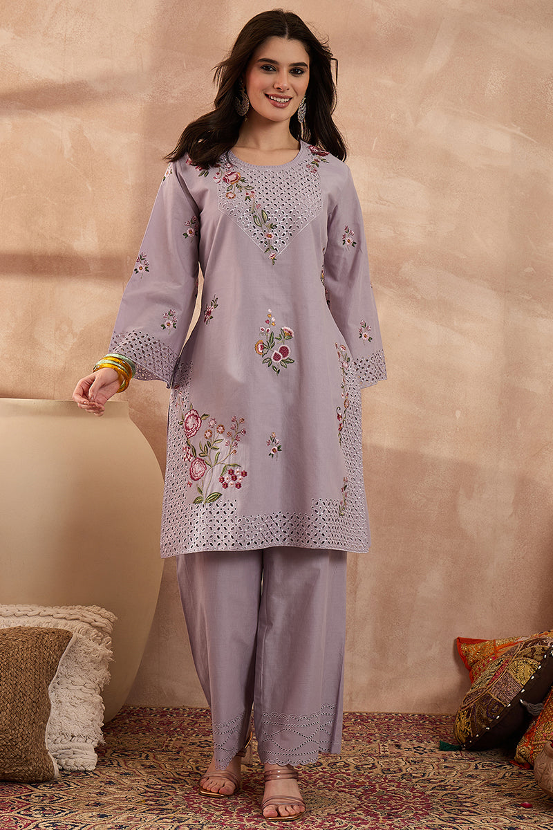 Lavender Pure Cotton Embroidered Straight Coord Sets VCORD1165