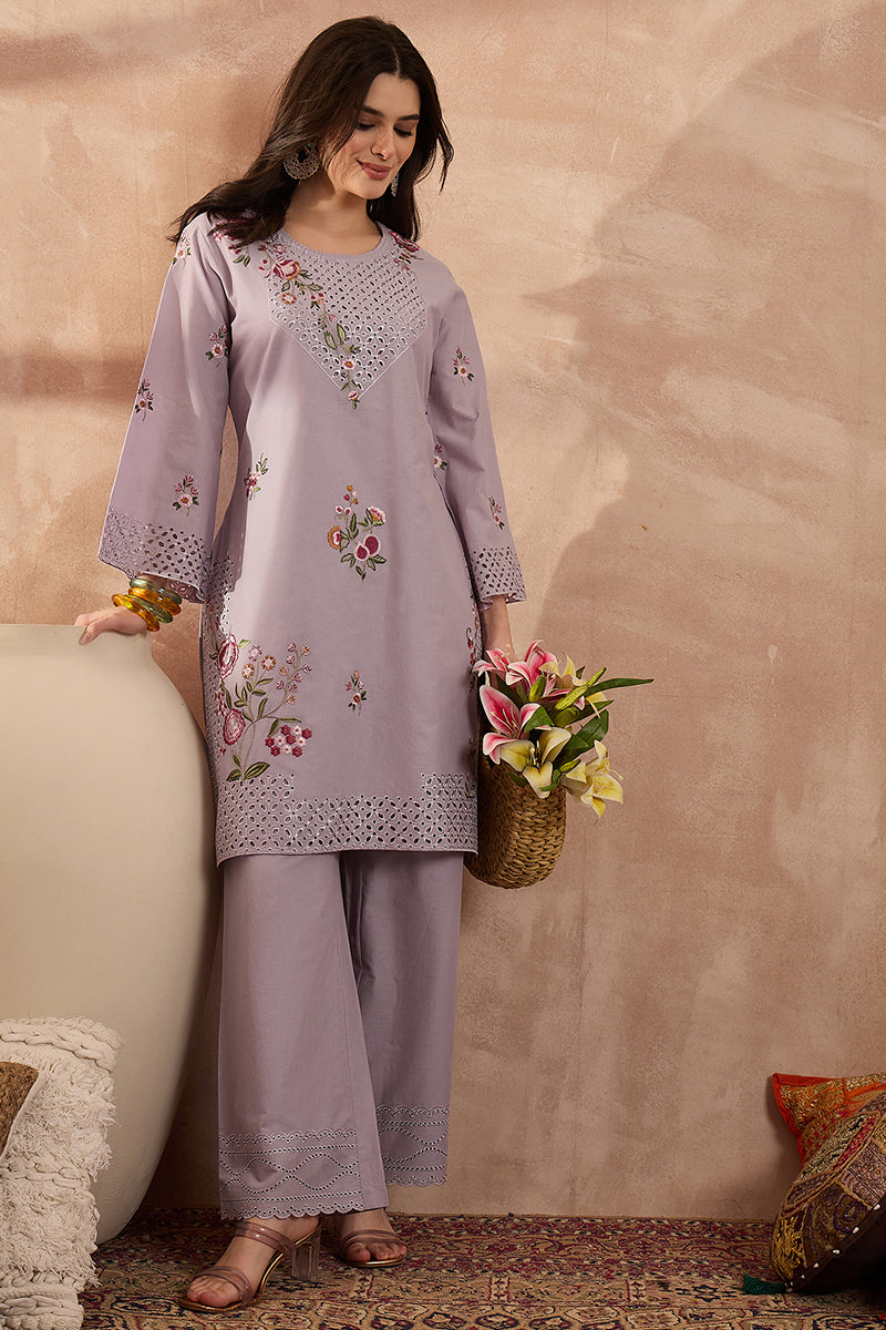 Lavender Pure Cotton Embroidered Straight Coord Sets VCORD1165