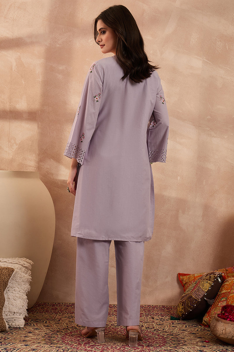 Lavender Pure Cotton Embroidered Straight Coord Sets VCORD1165