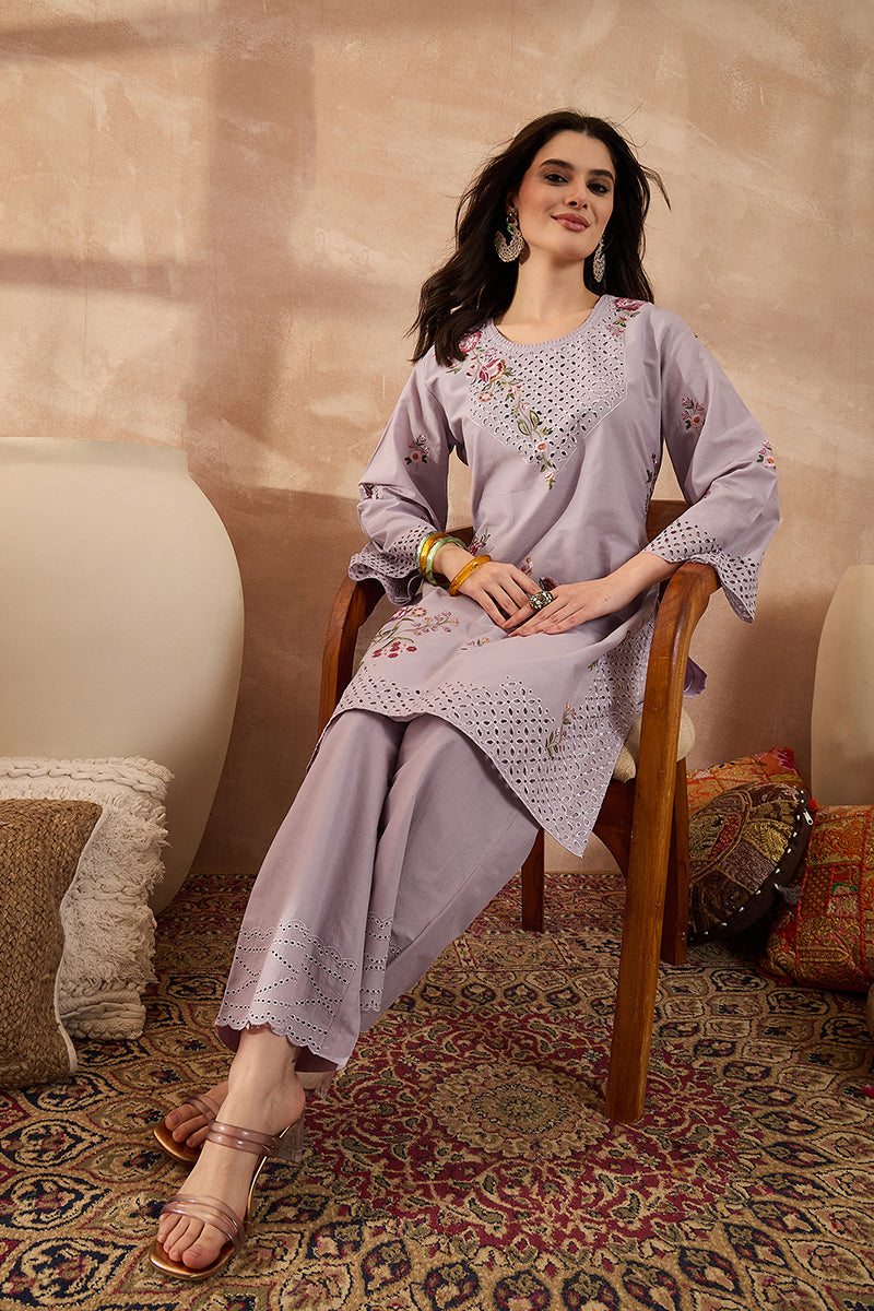 Lavender Pure Cotton Embroidered Straight Coord Sets VCORD1165
