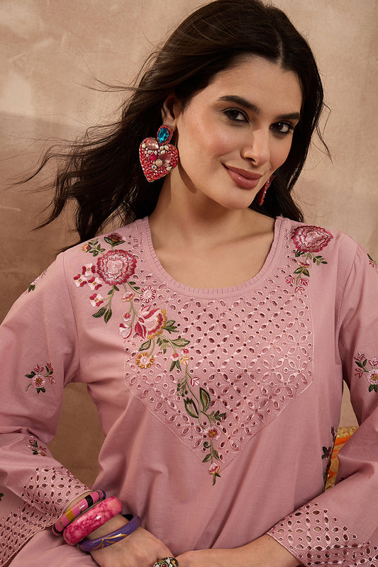 Pink Pure Cotton Embroidered Straight Coord Sets VCORD1166