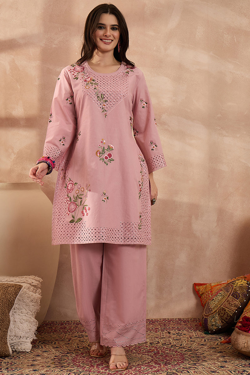 Pink Pure Cotton Embroidered Straight Coord Sets VCORD1166
