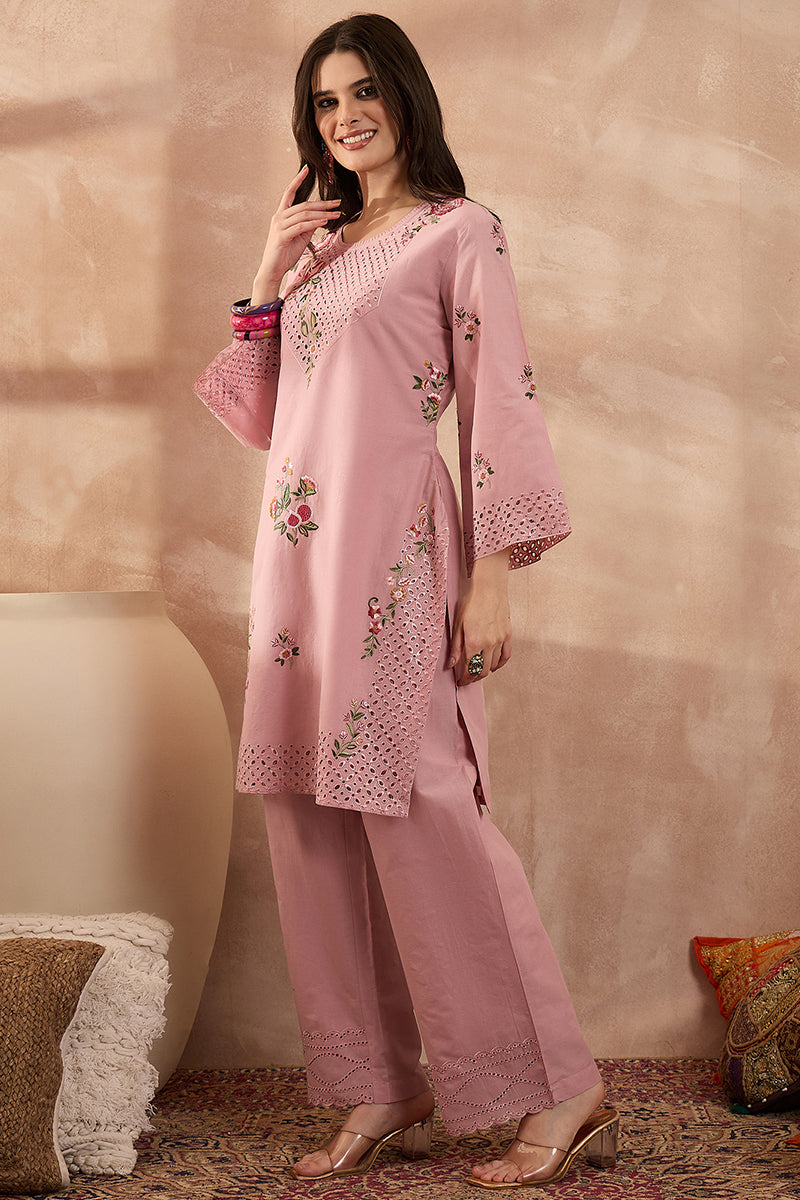 Pink Pure Cotton Embroidered Straight Coord Sets VCORD1166