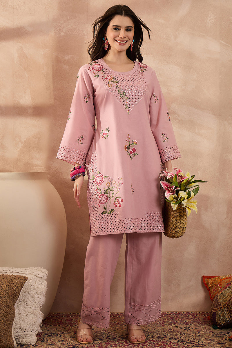 Pink Pure Cotton Embroidered Straight Coord Sets VCORD1166