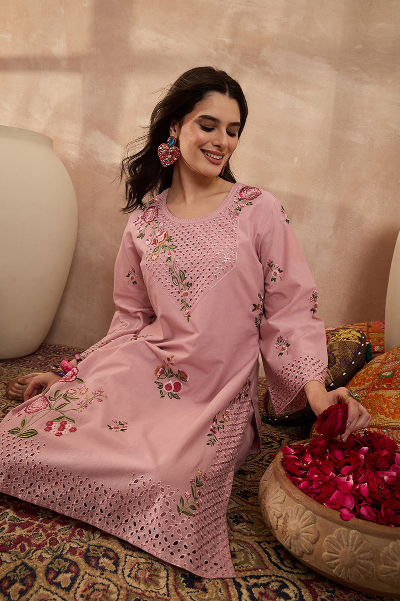 Pink Pure Cotton Embroidered Straight Coord Sets VCORD1166