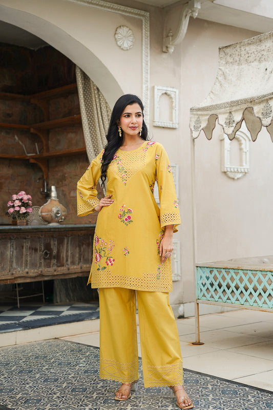 Yellow Pure Cotton Solid Embroidered Coord Sets VCORD1167