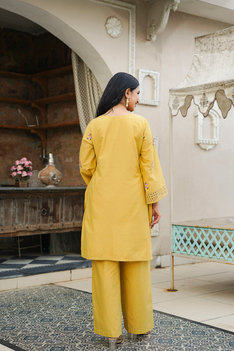 Yellow Pure Cotton Solid Embroidered Coord Sets VCORD1167