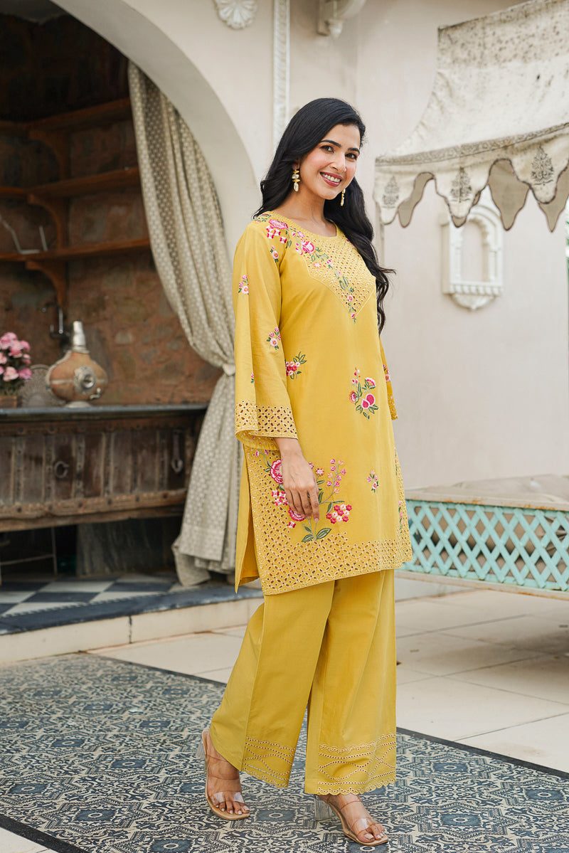 Yellow Pure Cotton Solid Embroidered Coord Sets VCORD1167