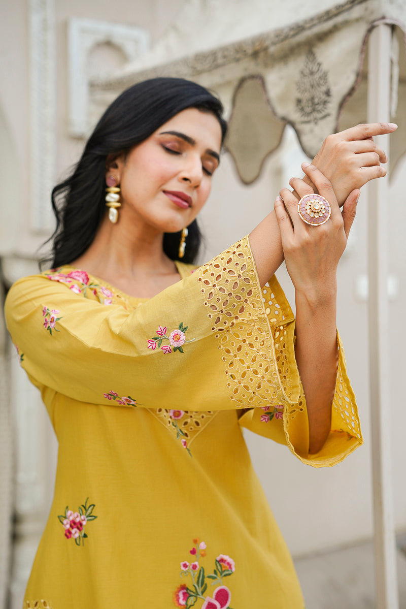Yellow Pure Cotton Solid Embroidered Coord Sets VCORD1167