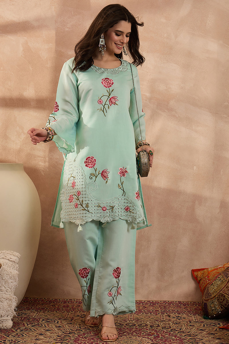 Blue Silk Blend Embroidered Scalloped Coord Sets VCORD1175