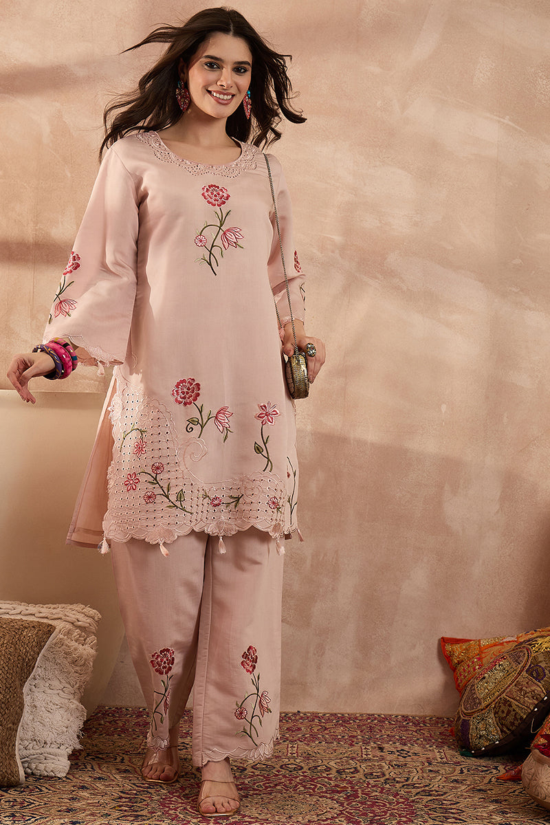 Peach Silk Blend Embroidered Scalloped Coord Sets VCORD1176