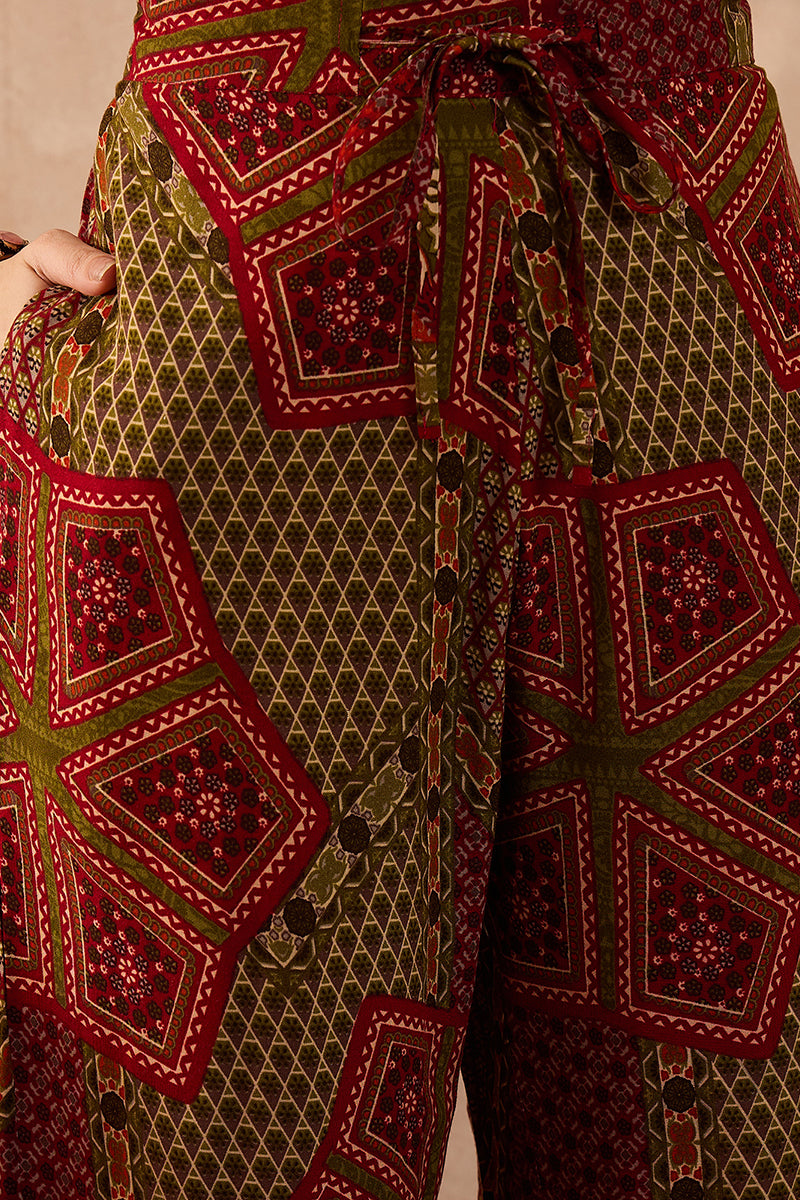 Red Viscose Rayon Printed Straight Coord Sets VCORD1199