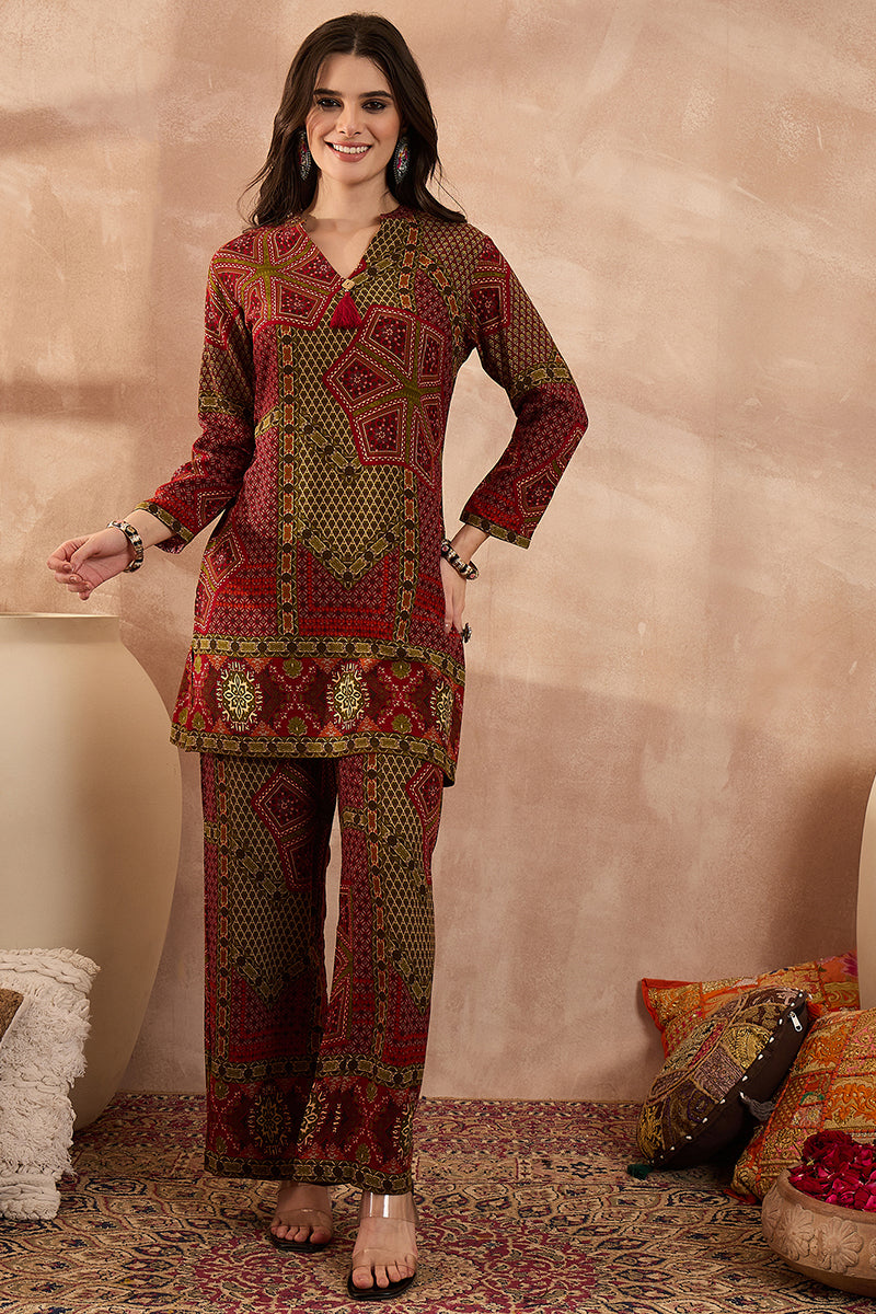 Red Viscose Rayon Printed Straight Coord Sets VCORD1199