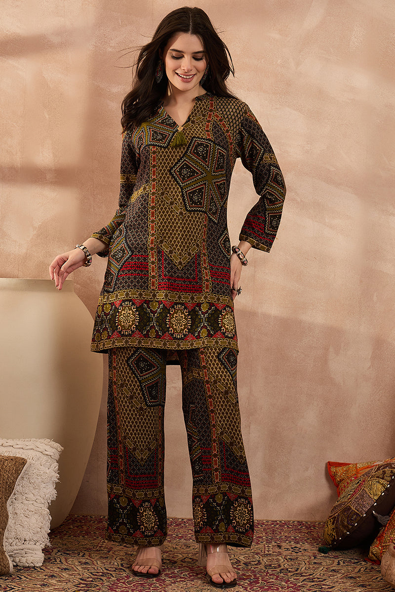 Green Viscose Rayon Printed Straight Coord Sets VCORD1201