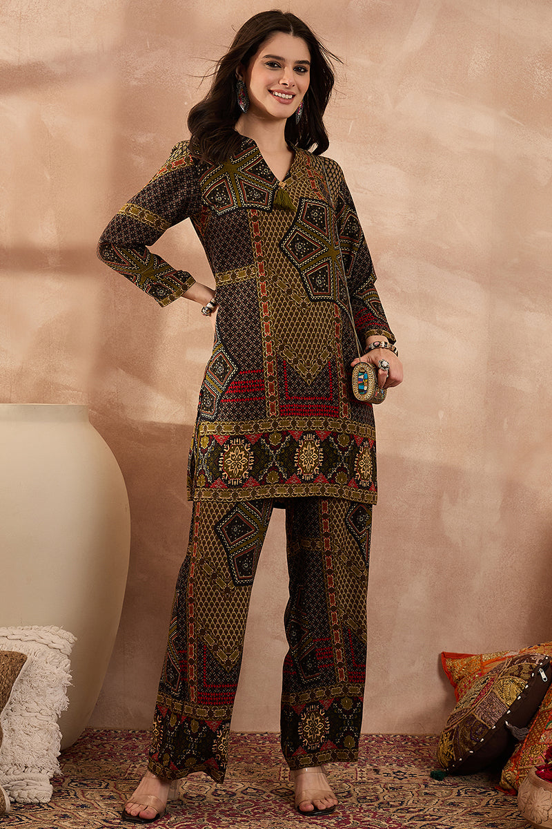 Green Viscose Rayon Printed Straight Coord Sets VCORD1201