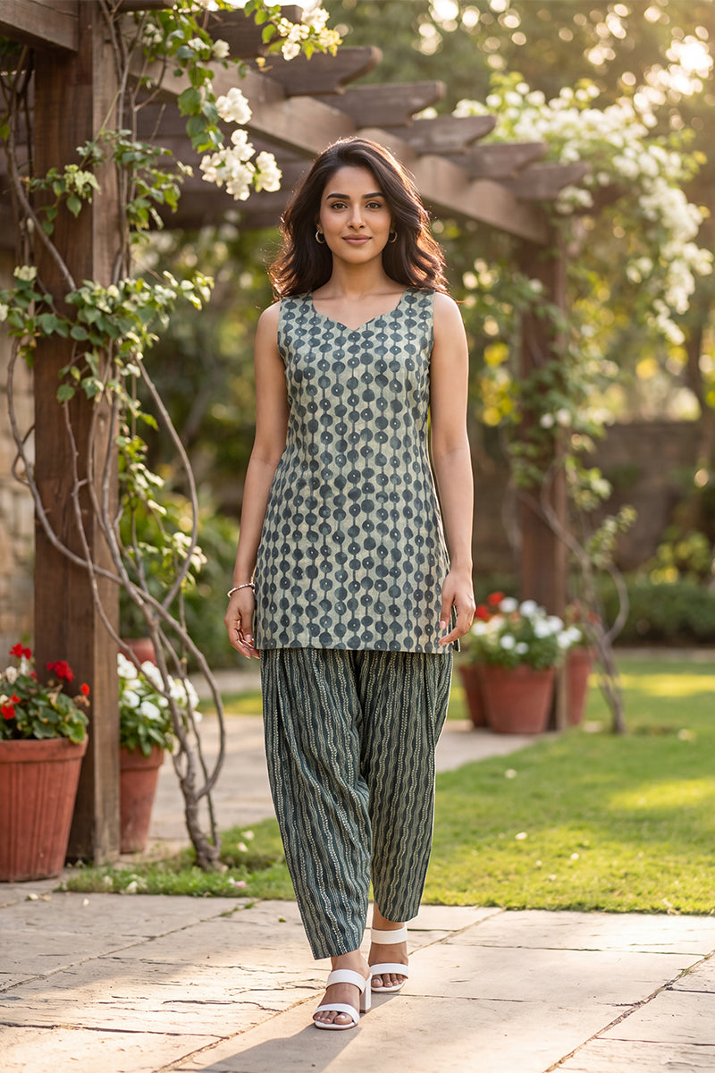 Ahika Women Grey Cotton Abstract Printed Straight Kurti With Farshi Salwar VCORD1210