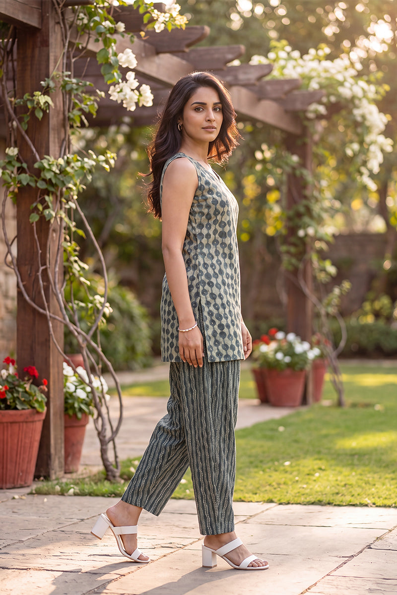 Ahika Women Grey Cotton Abstract Printed Straight Kurti With Farshi Salwar VCORD1210