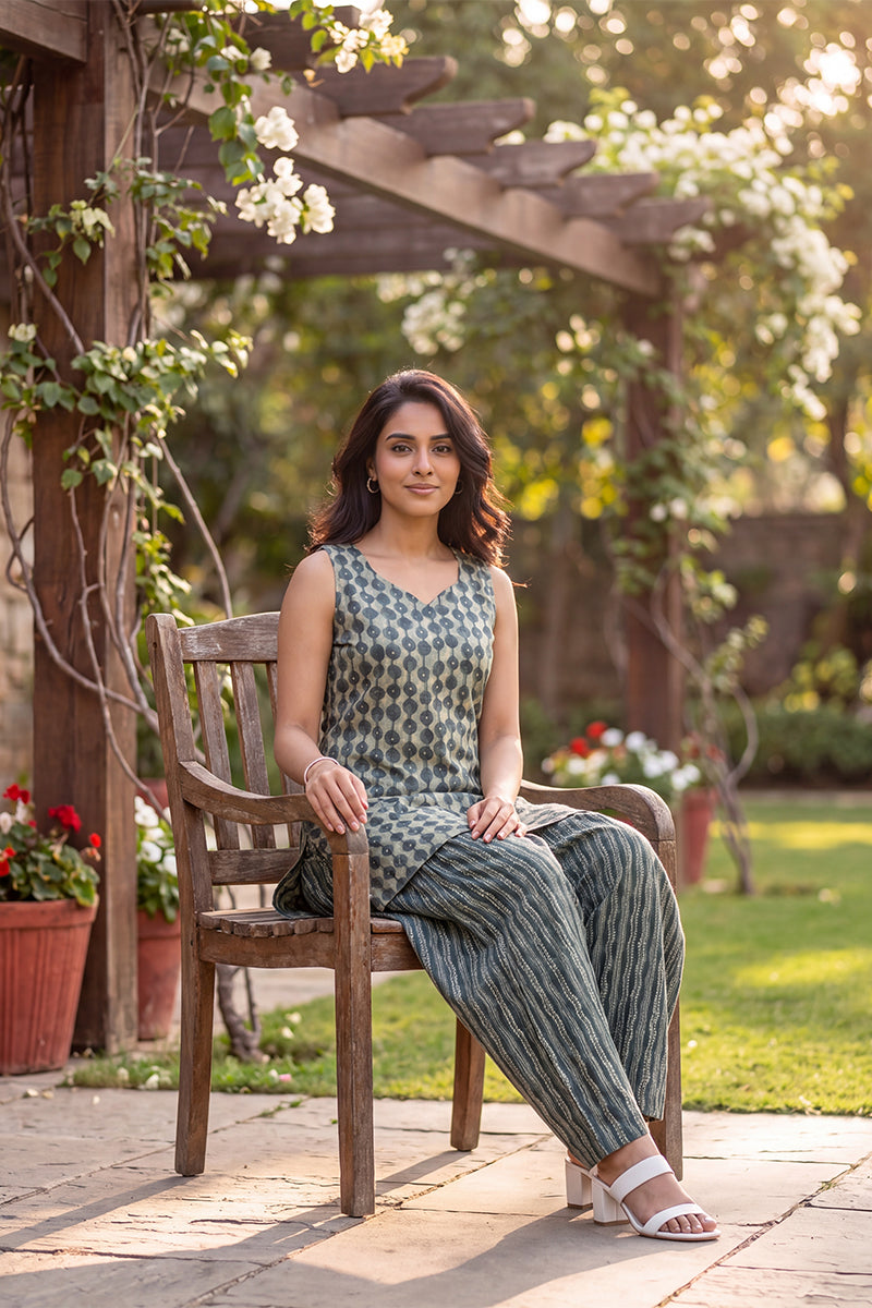Ahika Women Grey Cotton Abstract Printed Straight Kurti With Farshi Salwar VCORD1210