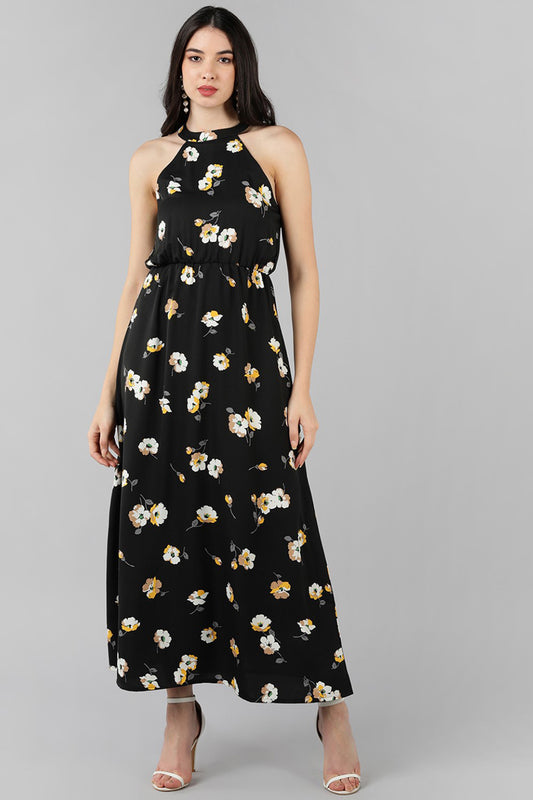 Black Georgette Floral Printed Maxi Dress VD1173