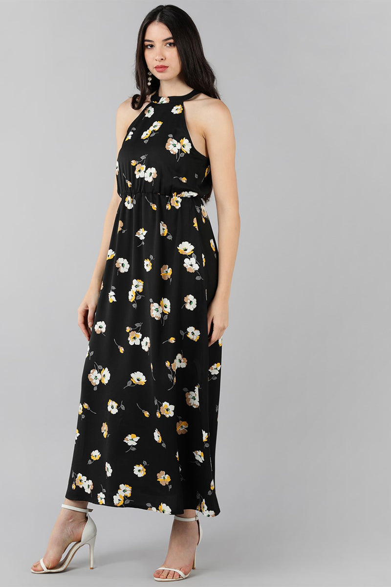 Black Georgette Floral Printed Maxi Dress VD1173