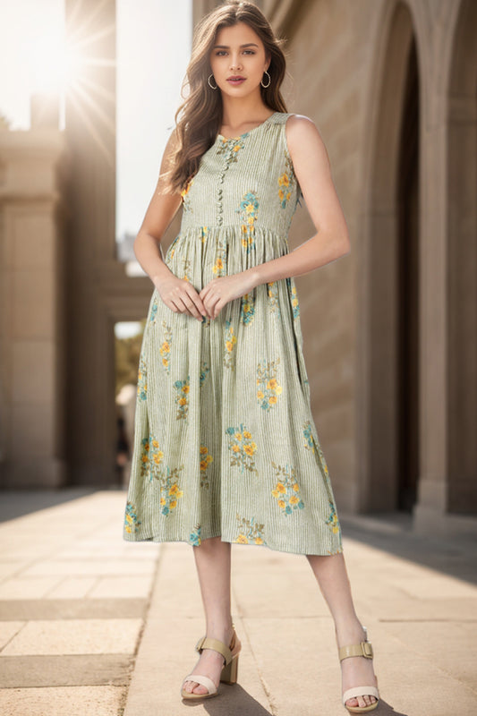 Green Cotton Floral Printed Flared Midi Dress VD1269