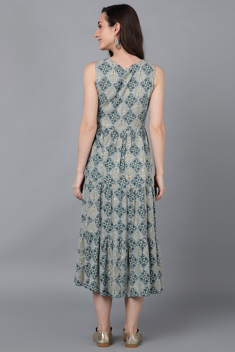 Grey & Green Cotton Geometric Drop-Waist Dress VD1311