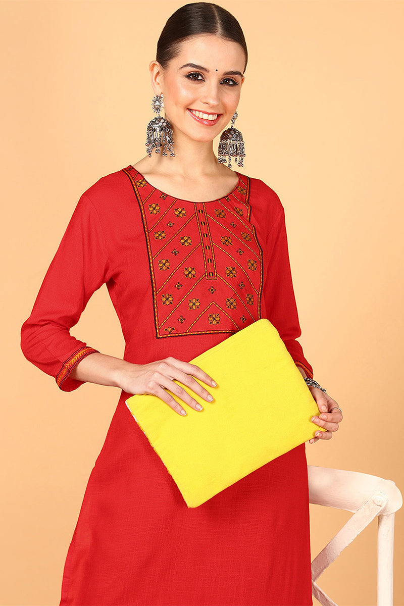 Red Pure Cotton Solid Straight Kurti VEKSL1056