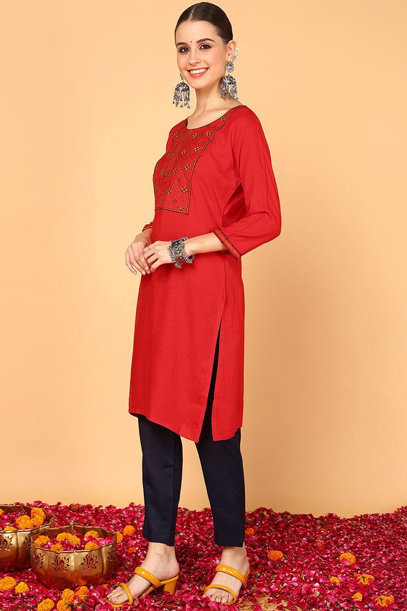 Red Pure Cotton Solid Straight Kurti VEKSL1056