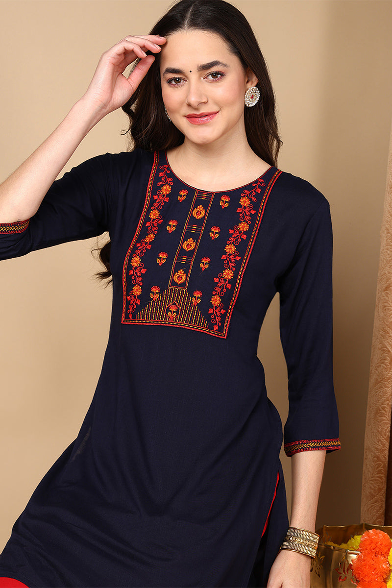 Navy Blue Viscose Rayon Solid Embroidered Straight Kurta VEKSL1057