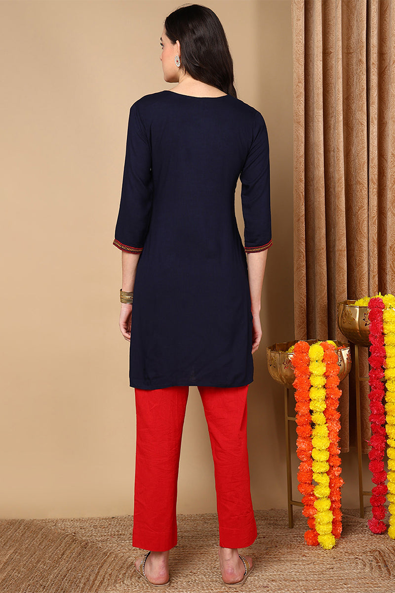 Navy Blue Viscose Rayon Solid Embroidered Straight Kurta VEKSL1057