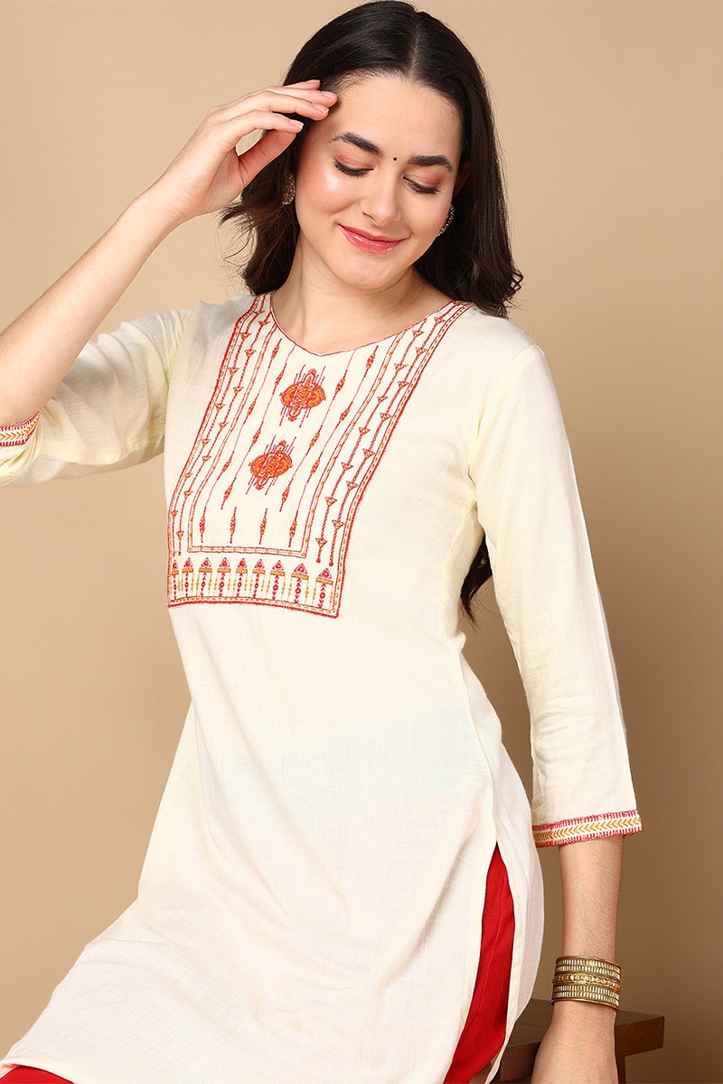 Cream Viscose Rayon Solid Straight Kurti VEKSL1059