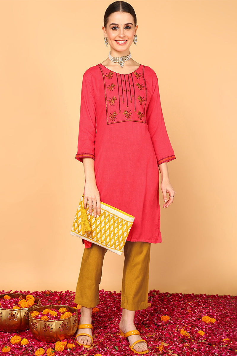 Pink Cotton Solid Straight Kurti VEKSL1061