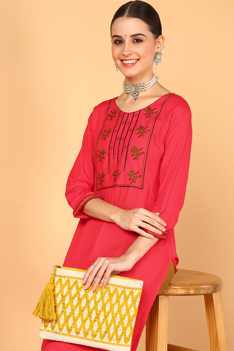 Pink Cotton Solid Straight Kurti VEKSL1061