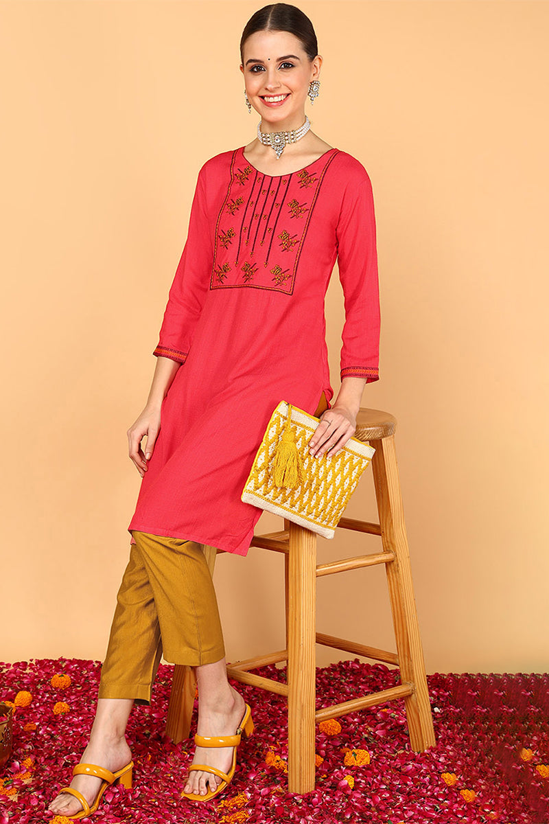 Pink Cotton Solid Straight Kurti VEKSL1061