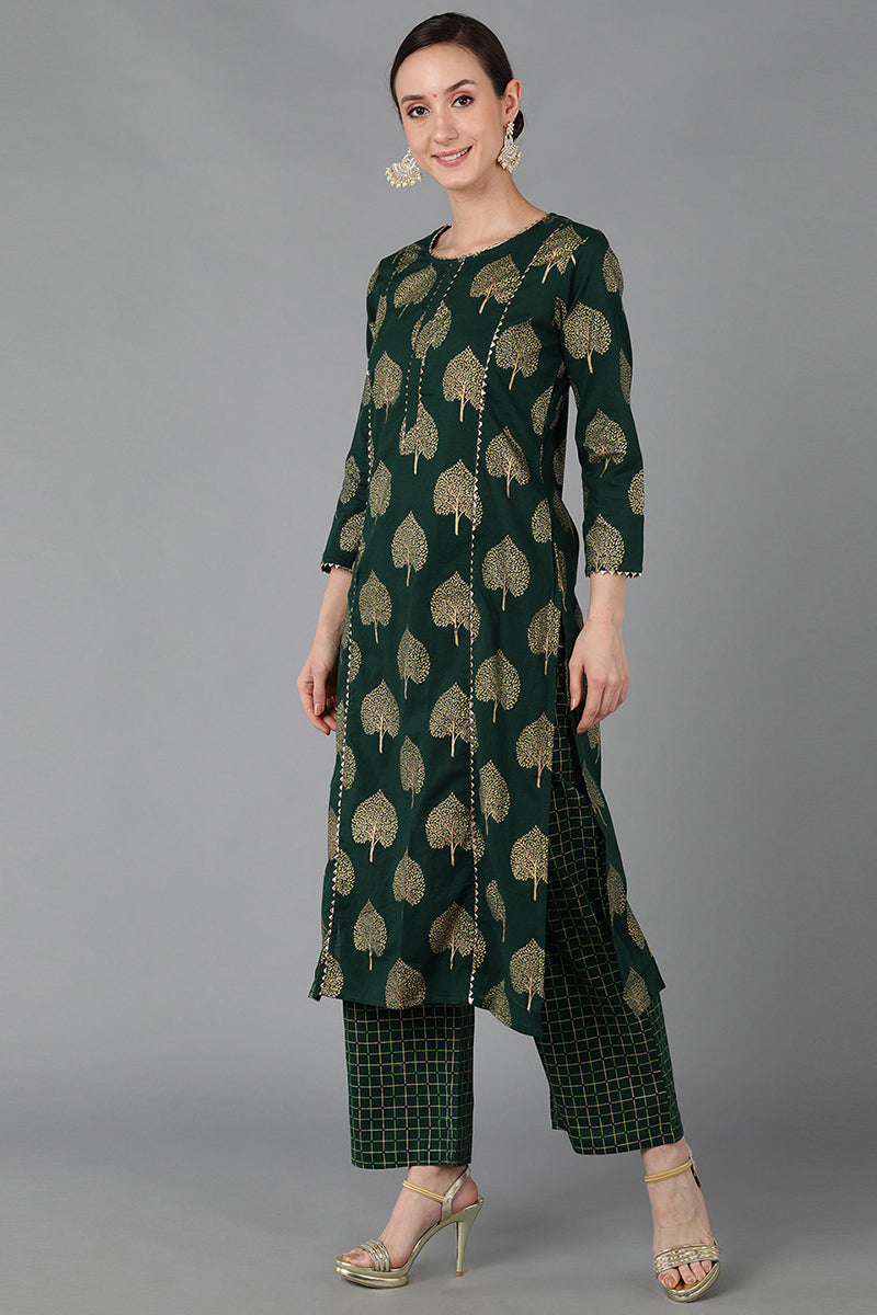 Dark Green Pure Cotton Gotta Patti Kurta Set VKSET1017