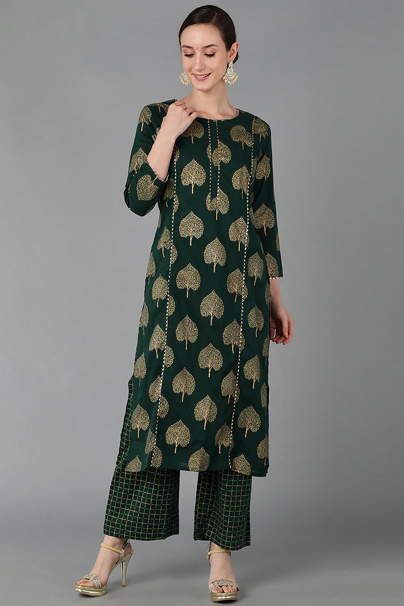 Dark Green Pure Cotton Gotta Patti Kurta Set VKSET1017